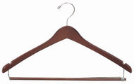 Contoured Wooden Coat Hanger w/Locking Bar;Contoured Wooden Coat Hanger w/Locking Bar Hanging in Closet; Wooden Coat Hanger w/Locking Pant Bar;Walnut and Chrome Wooden Suit Hanger w/Locking Pant Bar;Contoured Wooden Coat Hanger w/Locking Bar and Swivel Hook