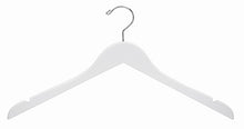 Load image into Gallery viewer, White Wooden Dress-Shirt Hanger;White Wooden Dress-Shirt Hanger with shirt on hanger;White Wooden Dress-Shirt Hanger with notched shoulders;White Wooden Dress-Shirt Hangers hanging in closet;White Wooden Dress-Shirt Hanger with swivel hook