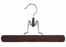 Load image into Gallery viewer, Wooden Clamp Style Pant/Skirt Hanger (Walnut &amp; Chrome);Wooden Clamp Style Pant/Skirt Hanger Hanging in Closet;Wooden Clamp Style Pant/Skirt Hanger with chrome hook;Wooden Clamp Style Pant/Skirt Hanger with felt padded cushions to protect pants;Wooden Clamp Style Pant/Skirt Hanger (Walnut &amp; Chrome) with pants