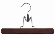 Wooden Clamp Style Pant/Skirt Hanger (Walnut & Chrome);Wooden Clamp Style Pant/Skirt Hanger Hanging in Closet;Wooden Clamp Style Pant/Skirt Hanger with chrome hook;Wooden Clamp Style Pant/Skirt Hanger with felt padded cushions to protect pants;Wooden Clamp Style Pant/Skirt Hanger (Walnut & Chrome) with pants
