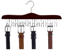 Load image into Gallery viewer, Wooden Specialty Belt Hanger - (Walnut &amp; Chrome);Wooden Belt Hanger Hanging in Closet;Walnut and Chrome Wooden Belt Hanger Up Close Picture