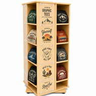 Only Hangers 20-Cube Rotating T-Shirt Display Rack with Acrylic Sign Holders, Locking Casters, 63.5” Tall Retail Spinner Display Stand – Available in Black or Maple