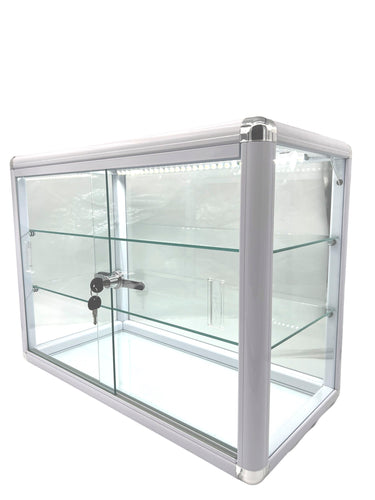 Only Hangers Elegant White Aluminum Display Table Top Tempered Glass Showcase with LED Lights