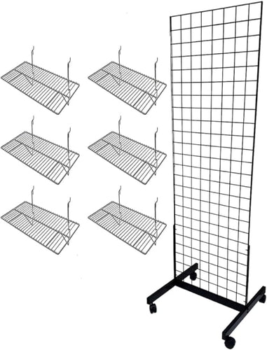 Only Hangers Black 2' x 6' Heavy Duty Commercial Grade Portable Gridwall Art Display Panel (KIT with Shelves)