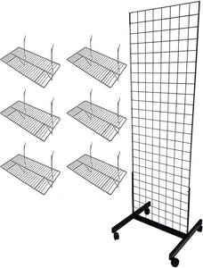 Only Hangers Black 2' x 6' Heavy Duty Commercial Grade Portable Gridwall Art Display Panel (KIT with Shelves)