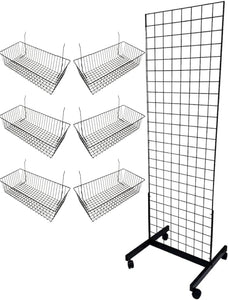 Only Hangers Black 2' x 6' Heavy Duty Commercial Grade Portable Gridwall Art Display Panel (KIT with Baskets)