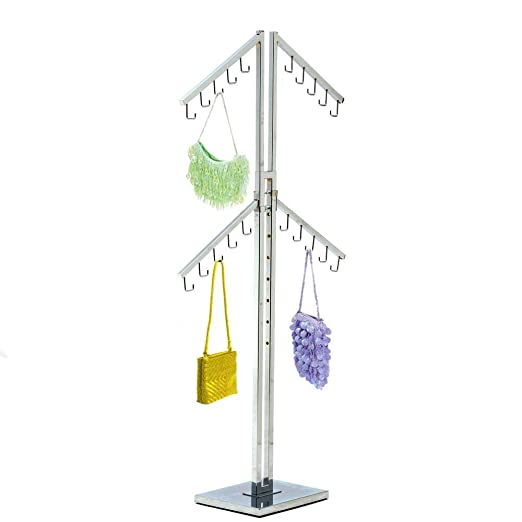 Four Arm Chrome Handbag Rack with Adjustable Height J-Hook Arms