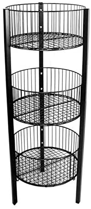 3-Level Wire Basket Display Rack, Floor Standing, Round Bins, Metal Frame - Black