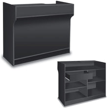 Load image into Gallery viewer, Free-Standing Black Melamine Register Stand, With Adjustable Shelves, Pull-Out Drawer, And Check Writing Area