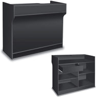 Free-Standing Black Melamine Register Stand, With Adjustable Shelves, Pull-Out Drawer, And Check Writing Area