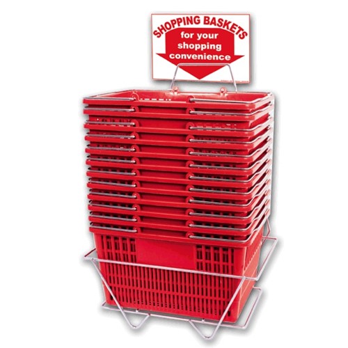 Shopping Basket Set of 12  Plastic with Sign and Stand (Metal Handles)