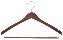 Load image into Gallery viewer, Contoured Wooden Coat Hanger w/Locking Bar;Contoured Wooden Coat Hanger w/Locking Bar Hanging in Closet; Wooden Coat Hanger w/Locking Pant Bar;Walnut and Chrome Wooden Suit Hanger w/Locking Pant Bar;Contoured Wooden Coat Hanger w/Locking Bar and Swivel Hook