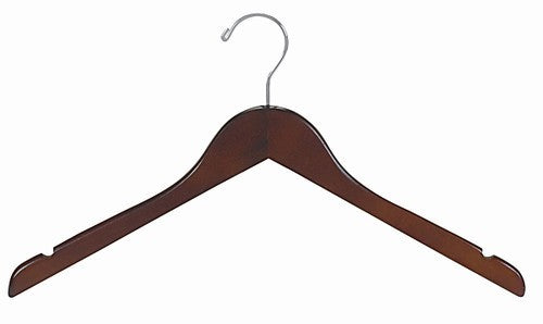 Flat Wood Dress/Shirt Hanger (Walnut & Chrome);Flat Wood Dress/Shirt Hanger (Walnut & Chrome) hanging in closet with shirt;Wooden Dress/Shirt Hangers with chrome swivel hooks ;Dark Walnut Wooden Dress Hangers;Wooden Dress Hangers with Notched Shoulders