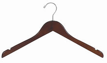 Load image into Gallery viewer, Flat Wood Dress/Shirt Hanger (Walnut &amp; Chrome);Flat Wood Dress/Shirt Hanger (Walnut &amp; Chrome) hanging in closet with shirt;Wooden Dress/Shirt Hangers with chrome swivel hooks ;Dark Walnut Wooden Dress Hangers;Wooden Dress Hangers with Notched Shoulders