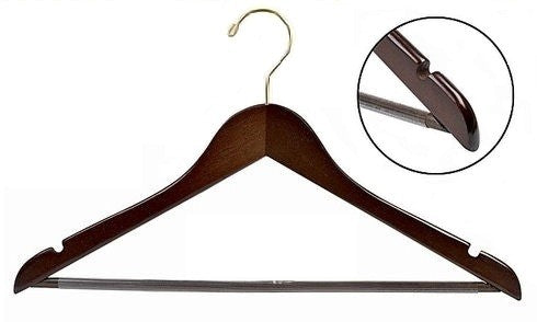 Flat Wooden Suit Hanger w/Non-Slip Bar (Walnut/Brass)