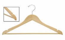 Load image into Gallery viewer, Flat Wooden Suit Hanger w/Non-Slip Bar;Natural Wood Suit Hangers w/Non-Slip Bars Hanging in Closet;Flat Wooden Suit Hangers with Shirts;Natural Wood Suit Hanger w/Non-Slip Bar and Notched Shoulders;Wooden Suit Hanger with polished chrome swivel hook