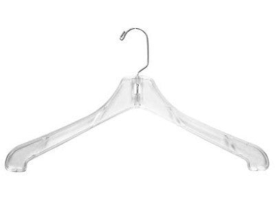 CLEAR PLASTIC JACKET/COAT, HANGER 16.5 in WIDE,a, HEAVIER WEIGHT,70/CASE  USED
