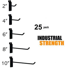 Slatwall Hooks - Variety Pack of 25 Assorted Size Hooks for Slatwall - (5) of Each 2",4",6", 8" and 10" Hooks