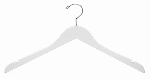 White Wooden Dress-Shirt Hanger;White Wooden Dress-Shirt Hanger with shirt on hanger;White Wooden Dress-Shirt Hanger with notched shoulders;White Wooden Dress-Shirt Hangers hanging in closet;White Wooden Dress-Shirt Hanger with swivel hook