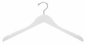 White Wooden Dress-Shirt Hanger;White Wooden Dress-Shirt Hanger with shirt on hanger;White Wooden Dress-Shirt Hanger with notched shoulders;White Wooden Dress-Shirt Hangers hanging in closet;White Wooden Dress-Shirt Hanger with swivel hook