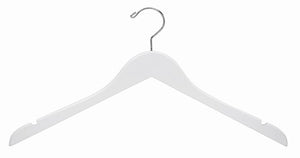 White Wooden Dress-Shirt Hanger;White Wooden Dress-Shirt Hanger with shirt on hanger;White Wooden Dress-Shirt Hanger with notched shoulders;White Wooden Dress-Shirt Hangers hanging in closet;White Wooden Dress-Shirt Hanger with swivel hook