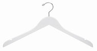 White Wooden Dress-Shirt Hanger;White Wooden Dress-Shirt Hanger with shirt on hanger;White Wooden Dress-Shirt Hanger with notched shoulders;White Wooden Dress-Shirt Hangers hanging in closet;White Wooden Dress-Shirt Hanger with swivel hook