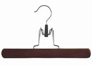 Wooden Clamp Style Pant/Skirt Hanger (Walnut & Chrome);Wooden Clamp Style Pant/Skirt Hanger Hanging in Closet;Wooden Clamp Style Pant/Skirt Hanger with chrome hook;Wooden Clamp Style Pant/Skirt Hanger with felt padded cushions to protect pants;Wooden Clamp Style Pant/Skirt Hanger (Walnut & Chrome) with pants