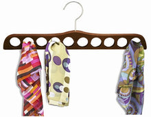 Load image into Gallery viewer, Wooden Scarf Hanger - Walnut &amp; Chrome;Wooden Scarf Hanger with Scarves Hanging in Closet;Hanging Wooden Scarf Organizer;Dark Walnut Wooden Scarf Hanger 