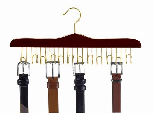 Wooden Specialty Belt Hanger - Walnut & Brass;Walnut Wooden Belt Hanger Hanging in Closet;Walnut and Brass Wood Belt Hanger;Wooden Belt Hanger - Walnut & Brass ;Wooden Belt Organizer Side View
