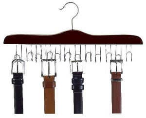 Wooden Specialty Belt Hanger - (Walnut & Chrome);Wooden Belt Hanger Hanging in Closet;Walnut and Chrome Wooden Belt Hanger Up Close Picture