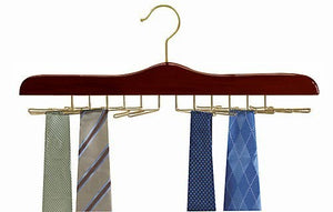 Wooden Tie Hanger - Walnut & Brass;Walnut and Brass Wooden Tie Hanger Hanging in Closet;Walnut and Brass Tie Hanger Up Close ;Wooden Tie Hanger - Walnut & Brass;Wooden Tie Hanger Hanging in Closet with Ties