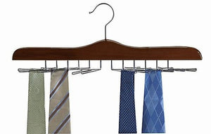 Wooden Tie Hanger - Walnut & Chrome;Wooden Tie Hanger Hanging in Closet;Walnut and Chrome Finish Wooden Tie Hanger;Wooden Tie Hanger Up Close Image